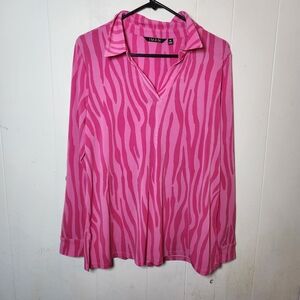 Iman Pink Zebra Print Collared Long Sleeve Slinky Blouse Size Medium